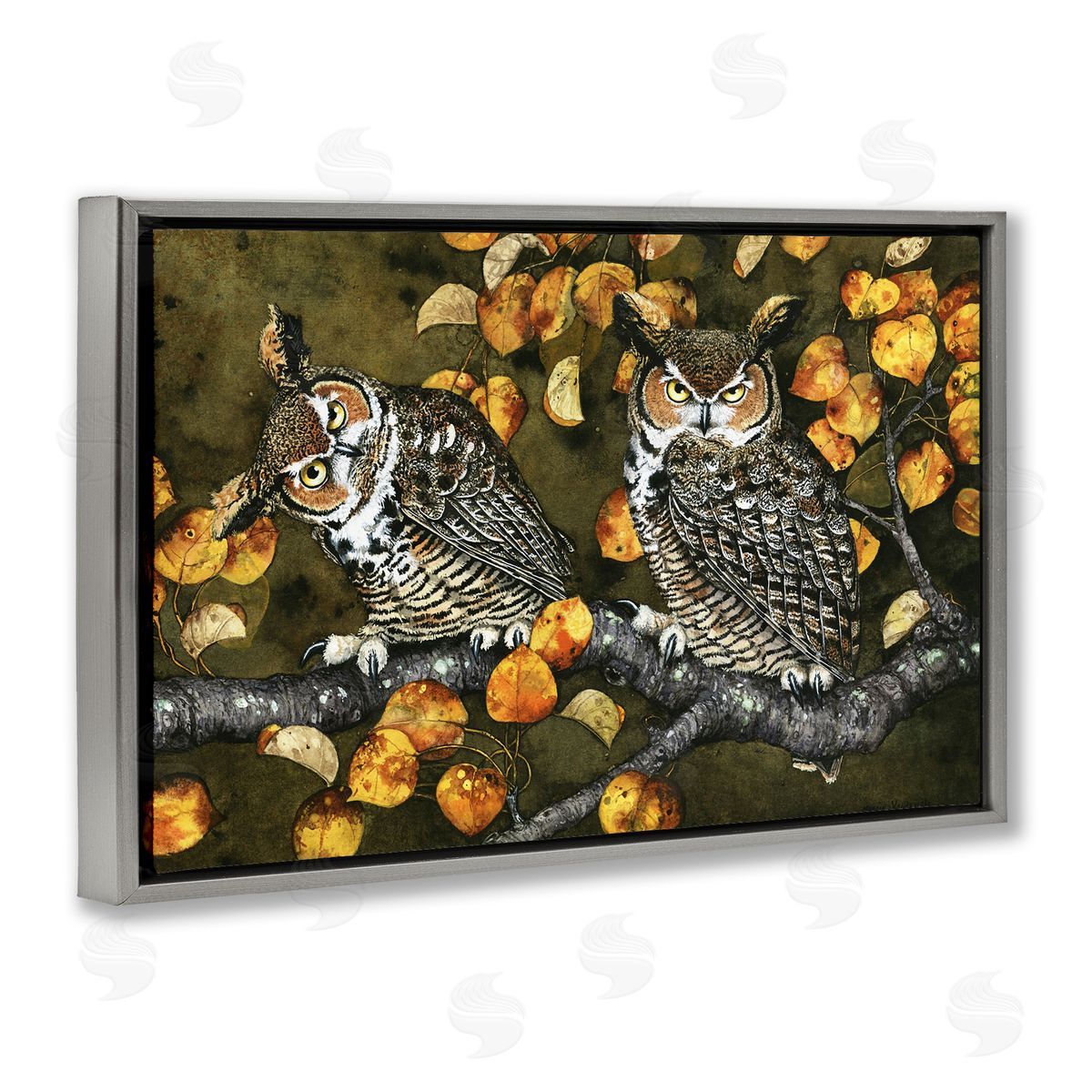 Inquisitor Owls Autumn Branch Grey Floating Frame Canvas Wall Art, Home Decor by Maggie Vandewalle