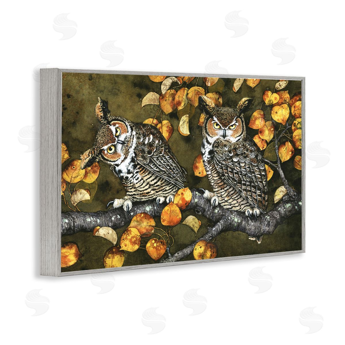 Inquisitor Owls Autumn Branch Grey Frame Print Wall Art, Home Decor by Maggie Vandewalle