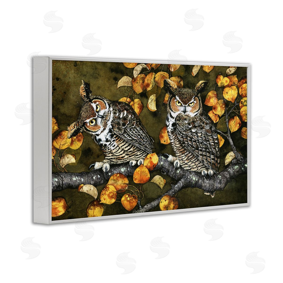 Inquisitor Owls Autumn Branch White Frame Print Wall Art, Home Decor by Maggie Vandewalle