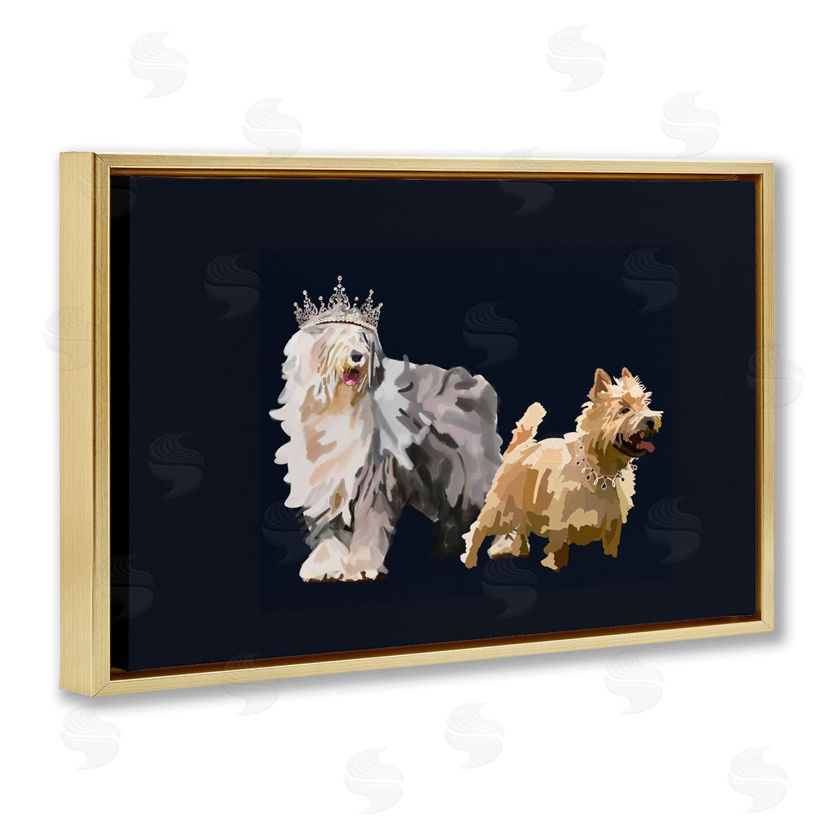 Dog Duo with Crowns Gold Floating Frame Canvas Wall Art, Home Decor by Amelia Noyes