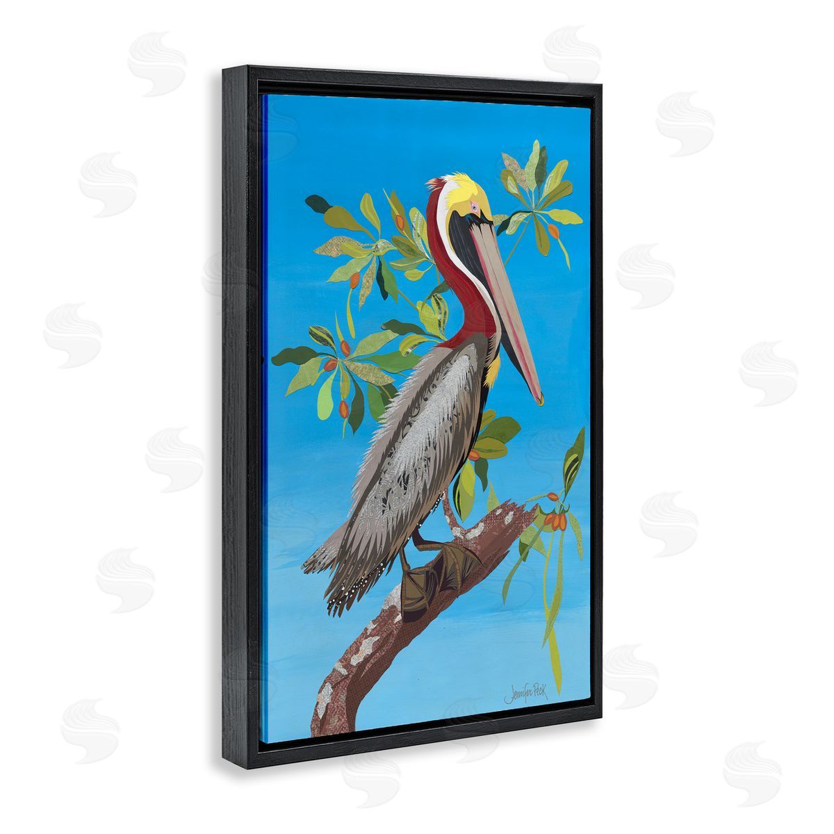 Brown Pelican on Tree Black Floating Frame Canvas Wall Art, Home Decor by Jennifer Peck