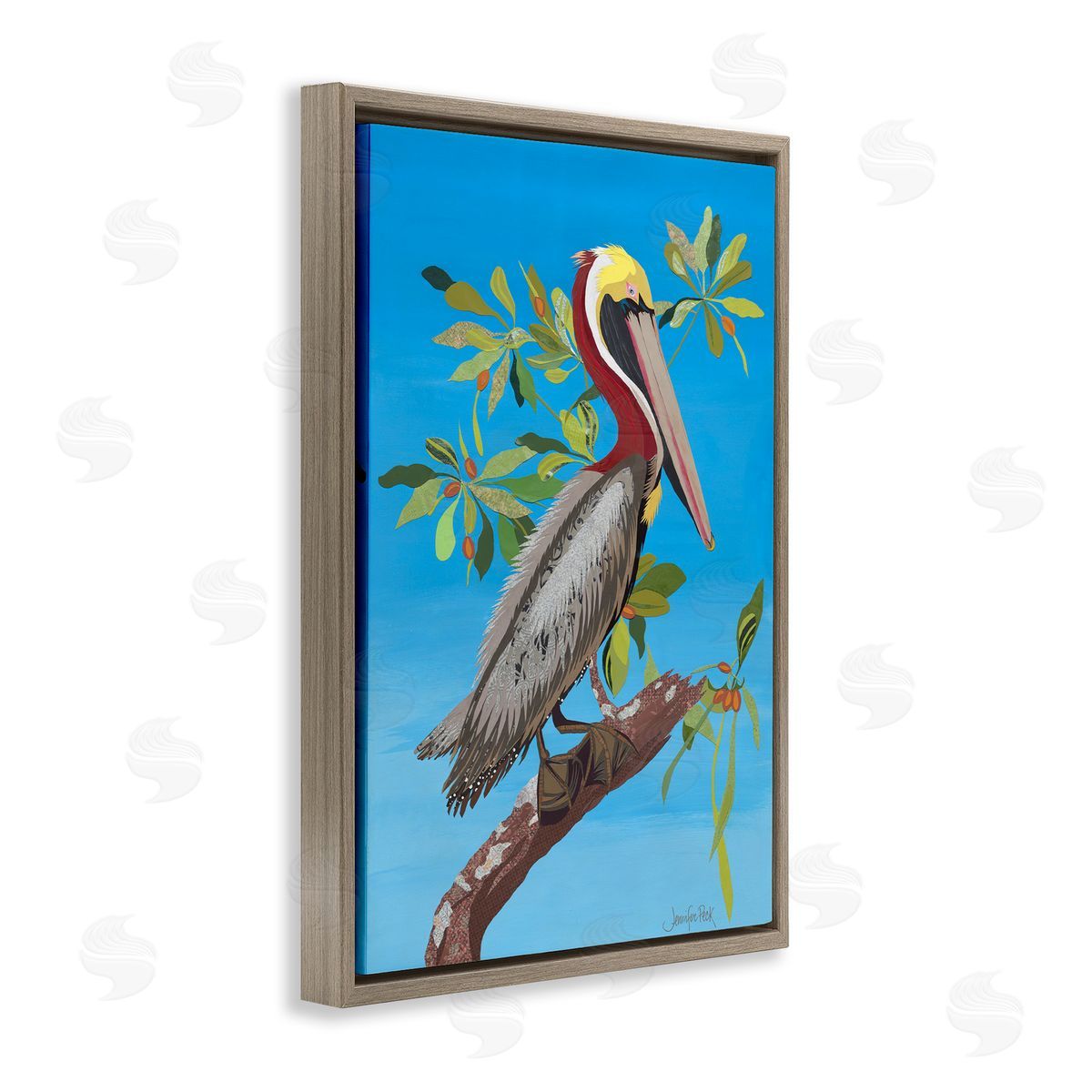 Brown Pelican on Tree Brown Floating Frame Canvas Wall Art, Home Decor by Jennifer Peck