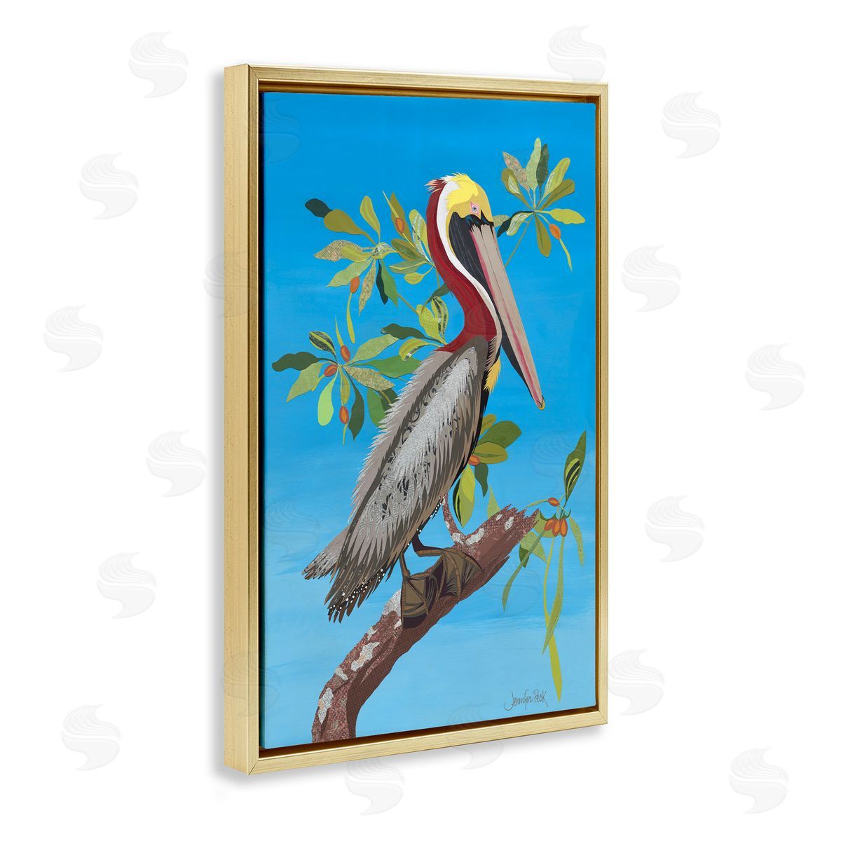 Brown Pelican on Tree Gold Floating Frame Canvas Wall Art, Home Decor by Jennifer Peck