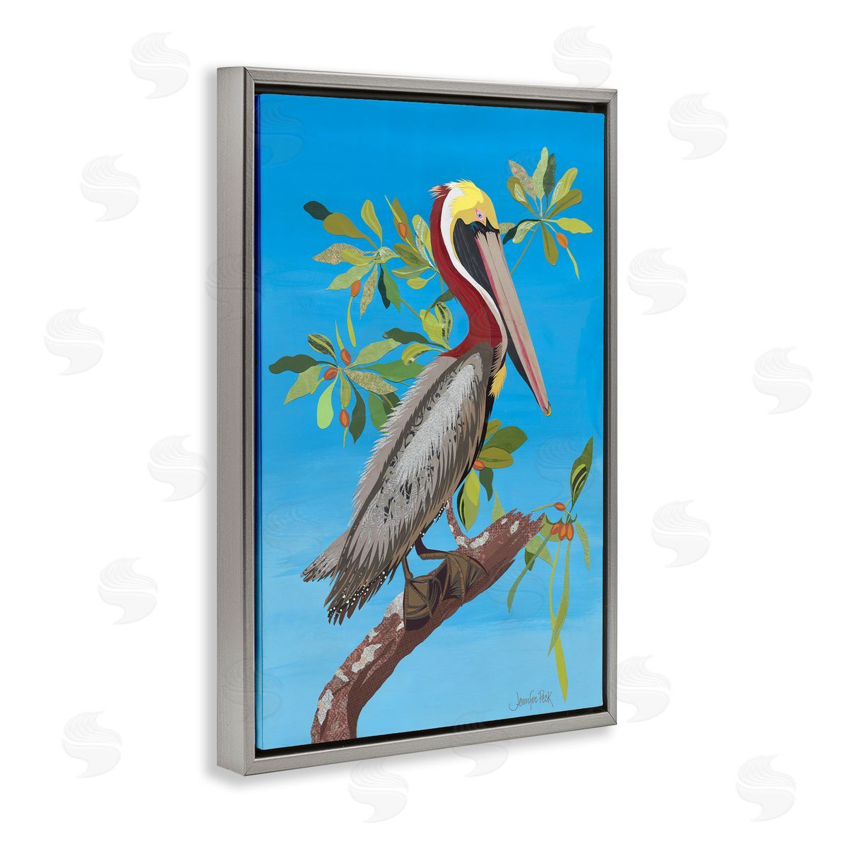 Brown Pelican on Tree Grey Floating Frame Canvas Wall Art, Home Decor by Jennifer Peck