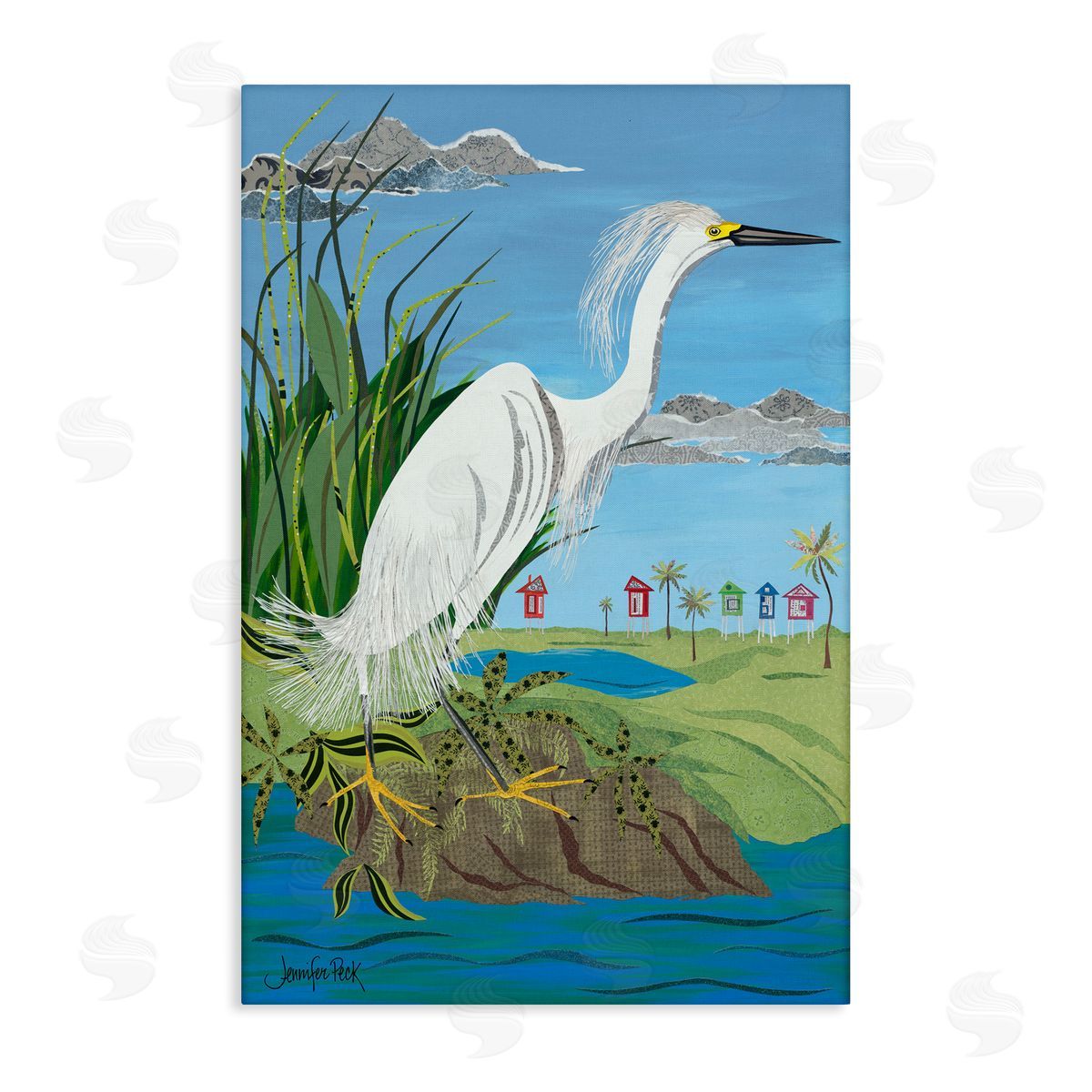 Egret Perched on Shore Canvas Wall Art, Home Decor by Jennifer Peck
