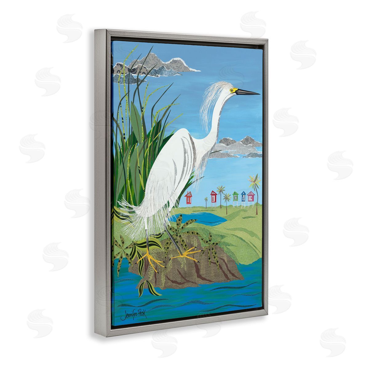 Egret Perched on Shore Grey Floating Frame Canvas Wall Art, Home Decor by Jennifer Peck