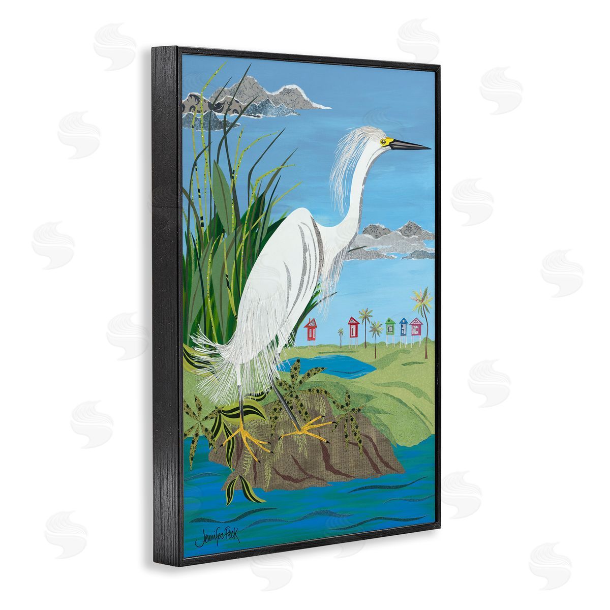 Egret Perched on Shore Black Frame Print Wall Art, Home Decor by Jennifer Peck