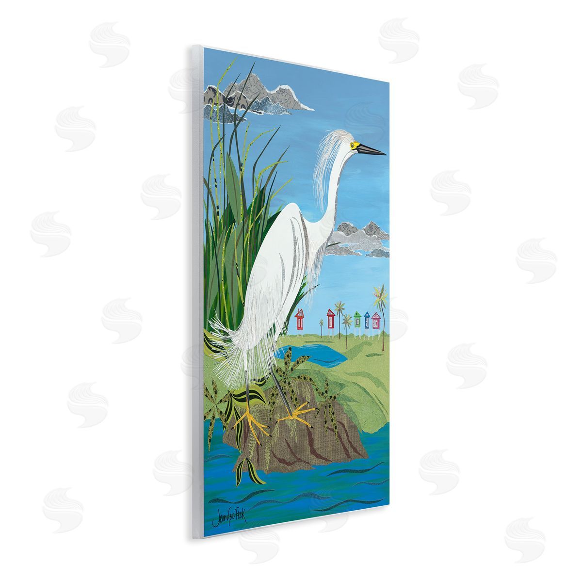 Egret Perched on Shore Wood Plaque Wall Art, Home Decor by Jennifer Peck