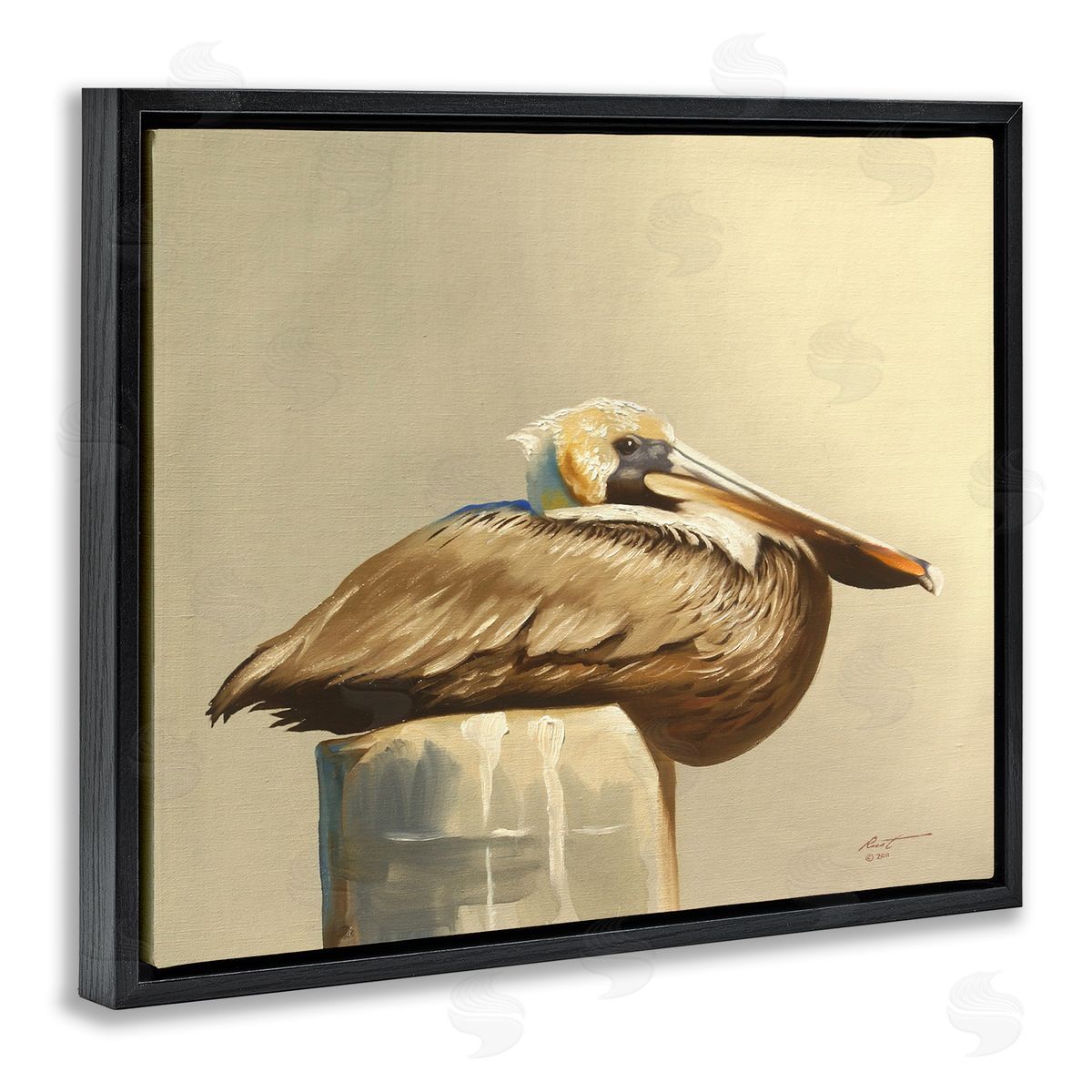 Pelican Resting on Dock Black Floating Frame Canvas Wall Art, Home Decor by D. Rust