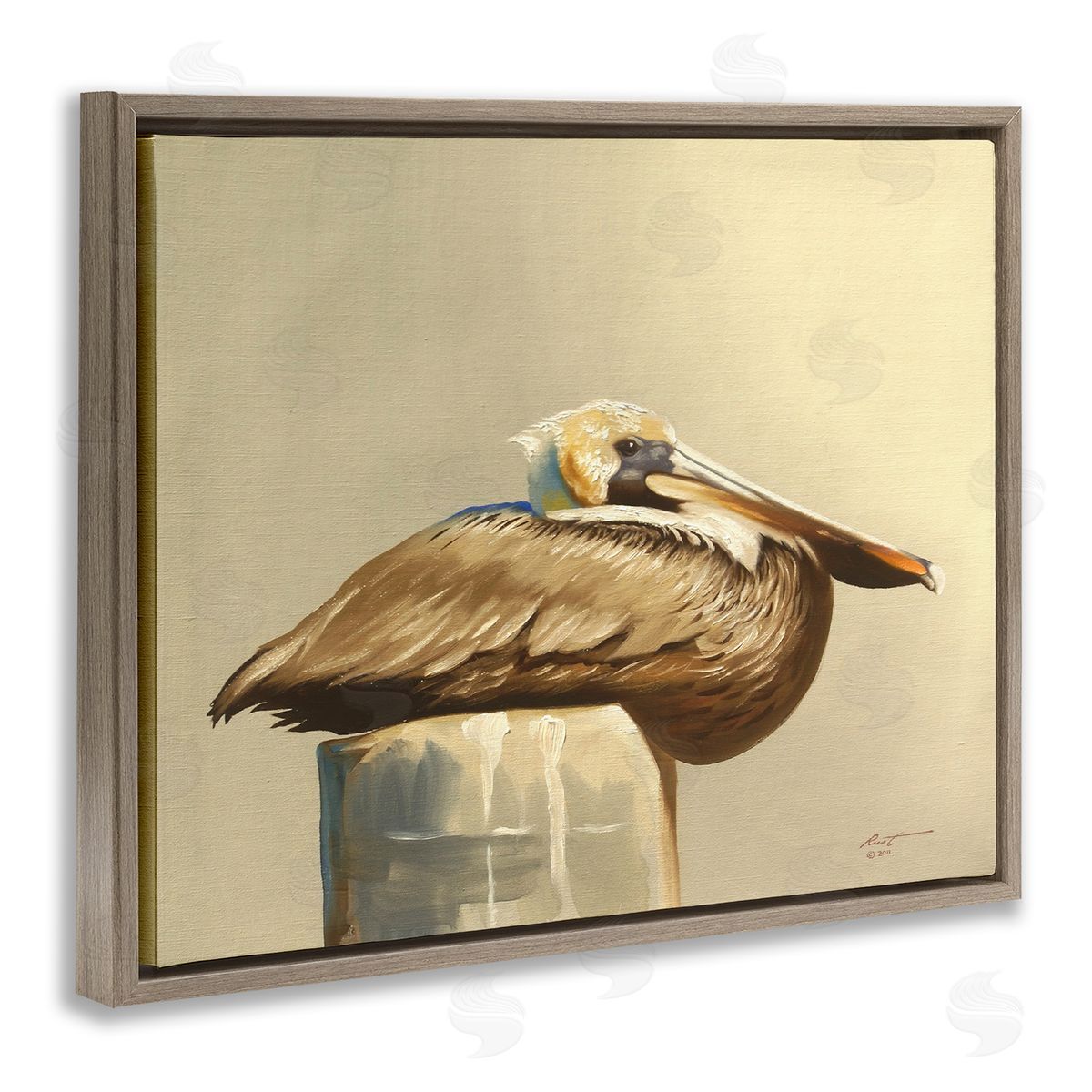 Pelican Resting on Dock Brown Floating Frame Canvas Wall Art, Home Decor by D. Rust
