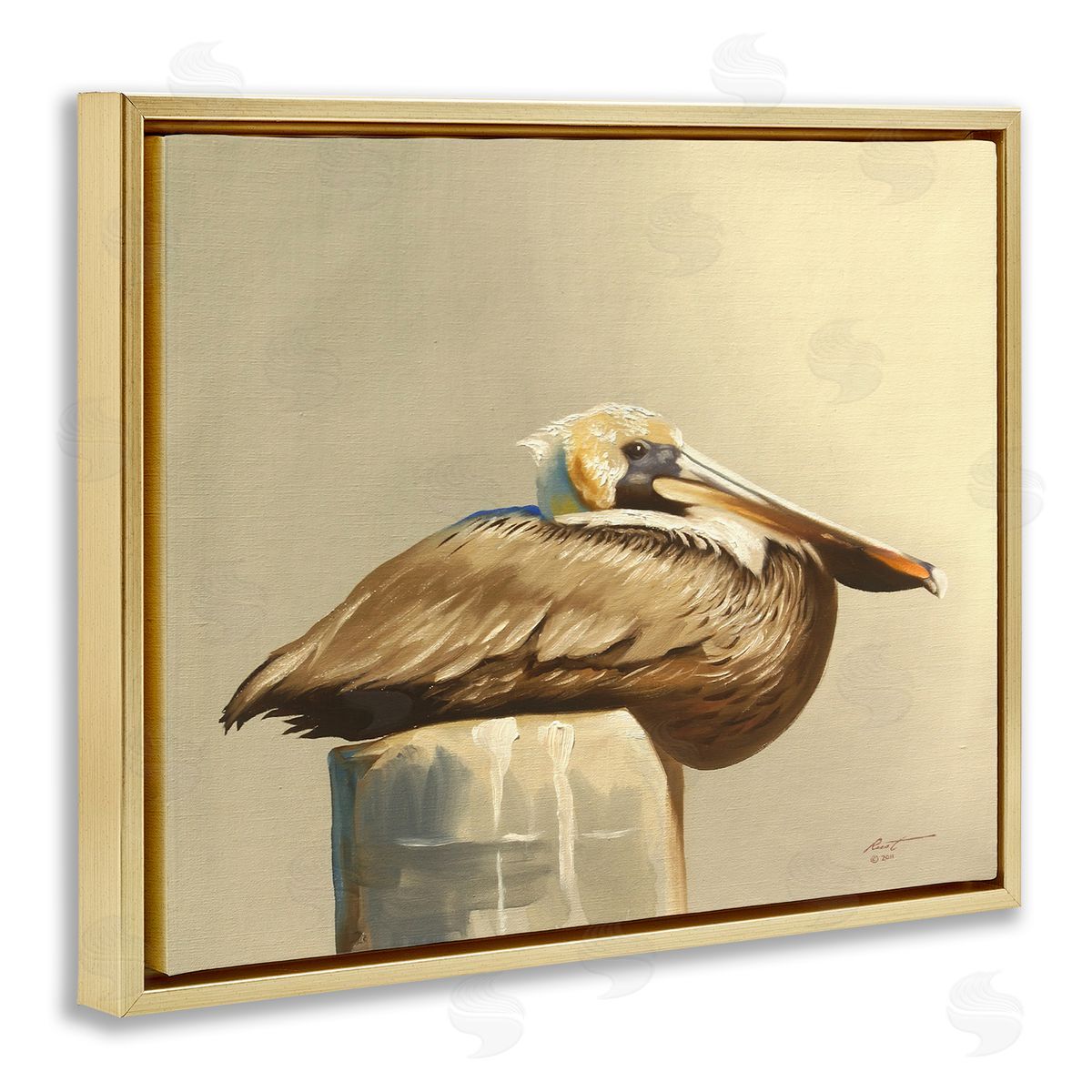 Pelican Resting on Dock Gold Floating Frame Canvas Wall Art, Home Decor by D. Rust