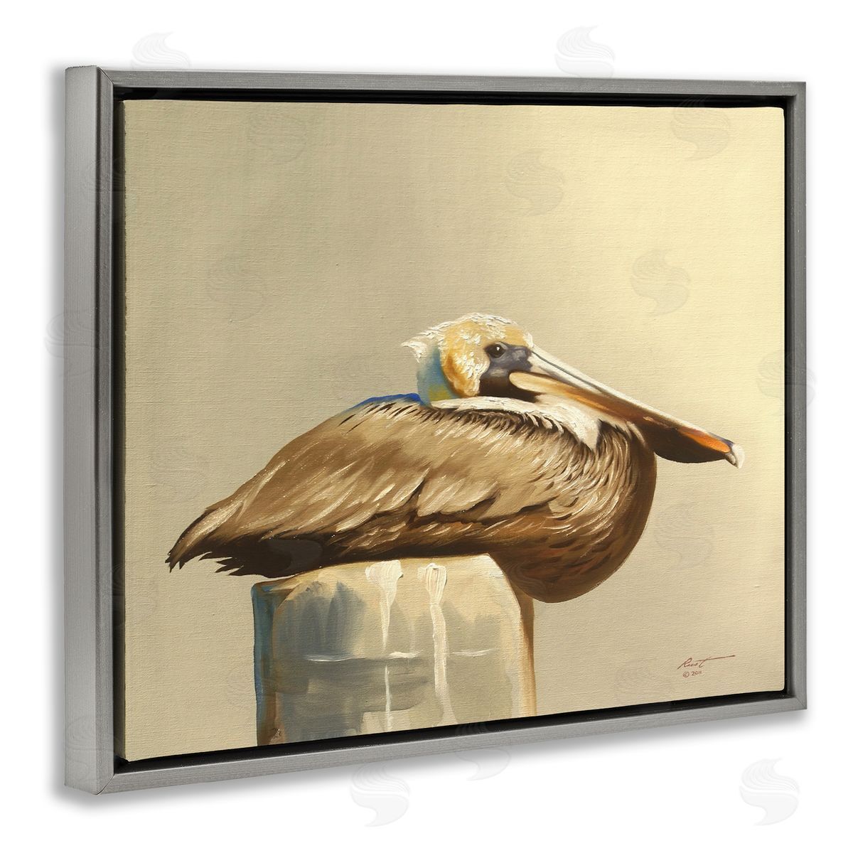 Pelican Resting on Dock Grey Floating Frame Canvas Wall Art, Home Decor by D. Rust