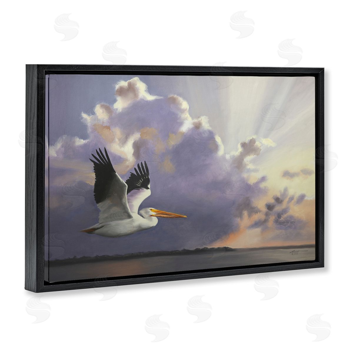 Dawn Sunrise Pelican Black Floating Frame Canvas Wall Art, Home Decor by D. Rust