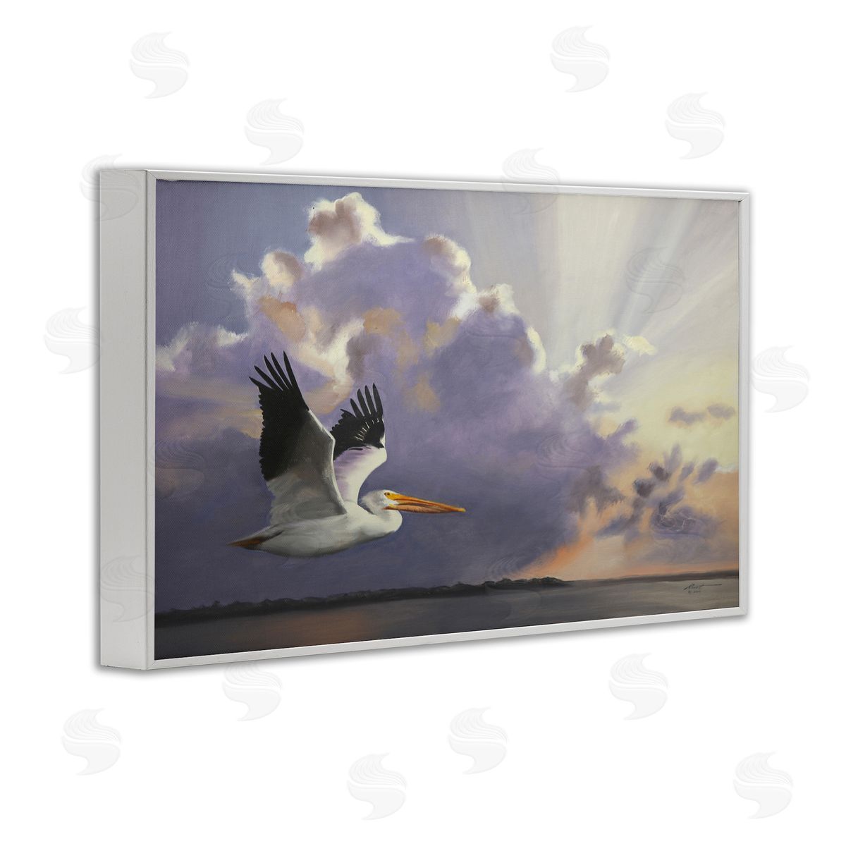 Dawn Sunrise Pelican White Frame Print Wall Art, Home Decor by D. Rust