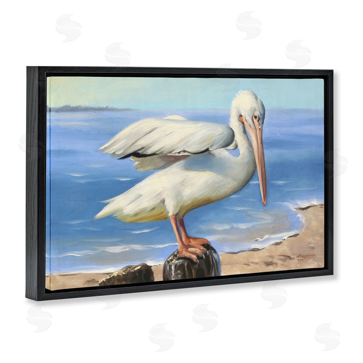 Beach Scene Pelican Black Floating Frame Canvas Wall Art, Home Decor by D. Rust