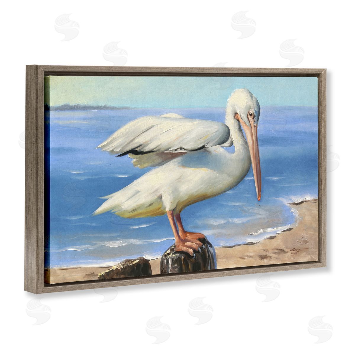 Beach Scene Pelican Brown Floating Frame Canvas Wall Art, Home Decor by D. Rust