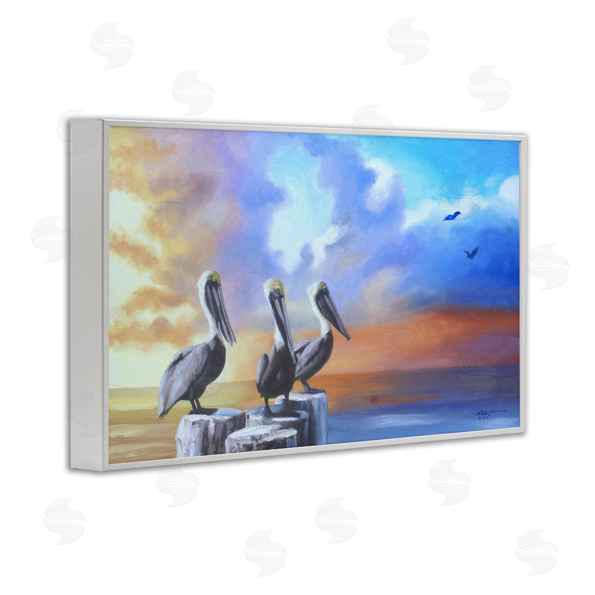 Vivid Pelican Trio White Frame Print Wall Art, Home Decor by D. Rust