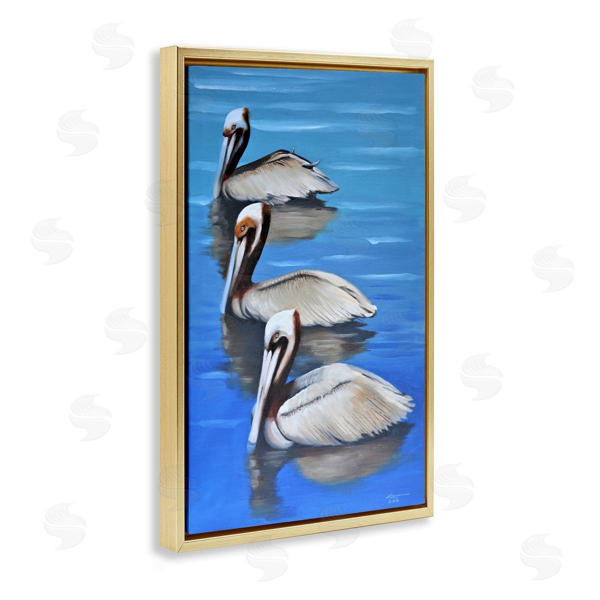 Pelican Trio Drifting Gold Floating Frame Canvas Wall Art, Home Decor by D. Rust