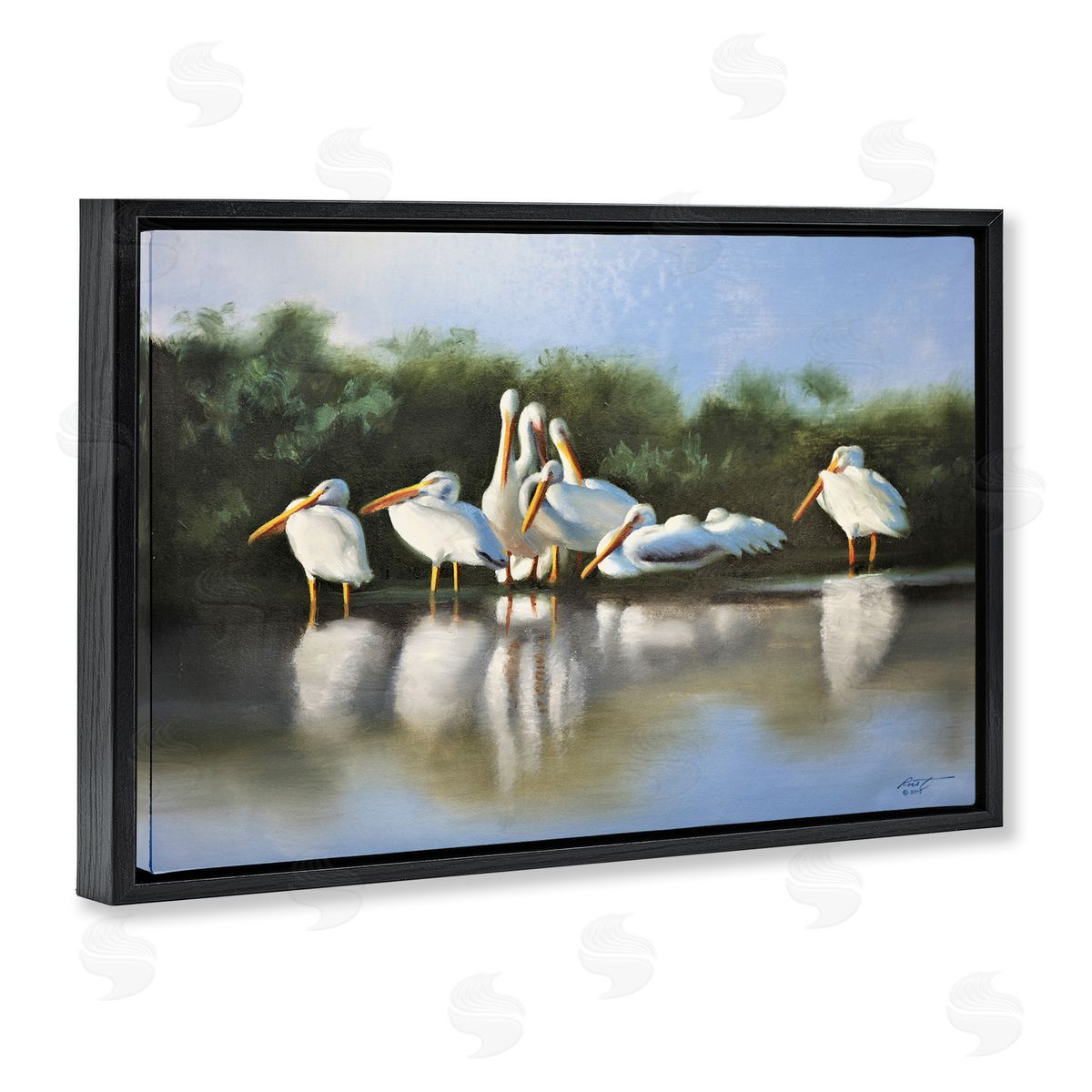 White Pelicans Flock Black Floating Frame Canvas Wall Art, Home Decor by D. Rust