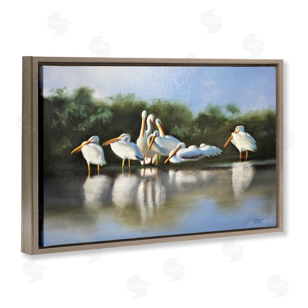 White Pelicans Flock Brown Floating Frame Canvas Wall Art, Home Decor by D. Rust