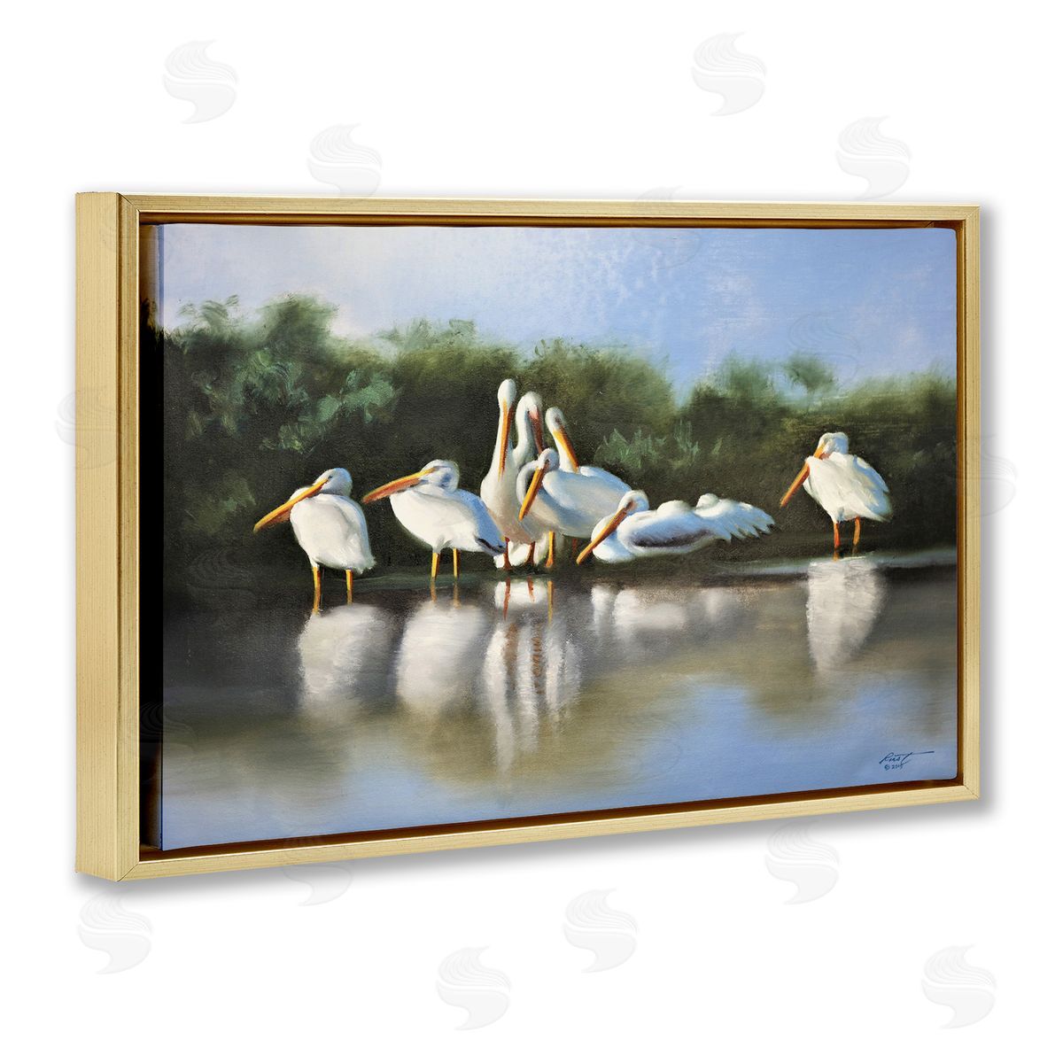 White Pelicans Flock Gold Floating Frame Canvas Wall Art, Home Decor by D. Rust