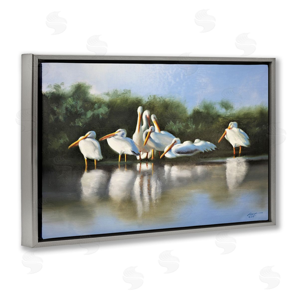 White Pelicans Flock Grey Floating Frame Canvas Wall Art, Home Decor by D. Rust