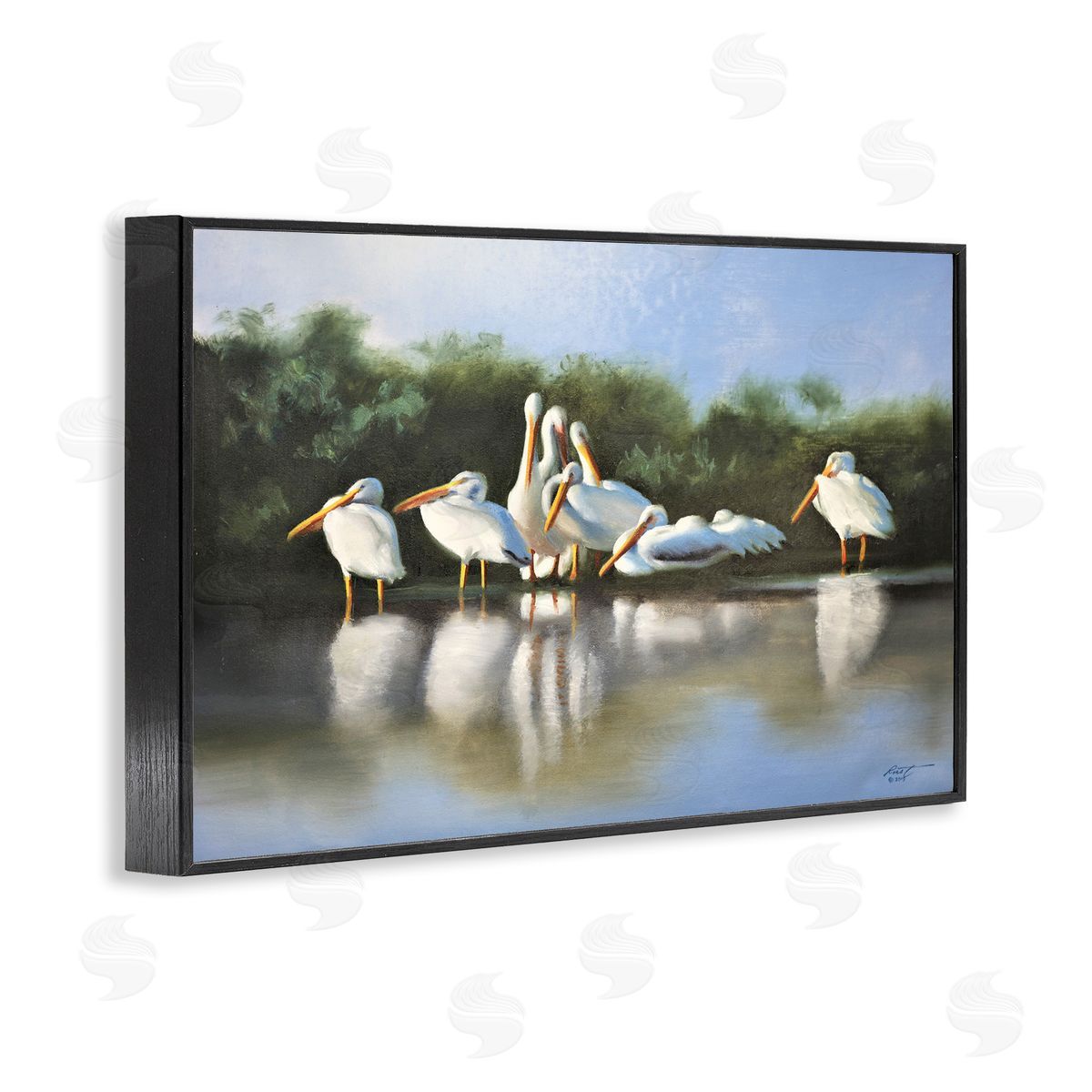 White Pelicans Flock Black Frame Print Wall Art, Home Decor by D. Rust