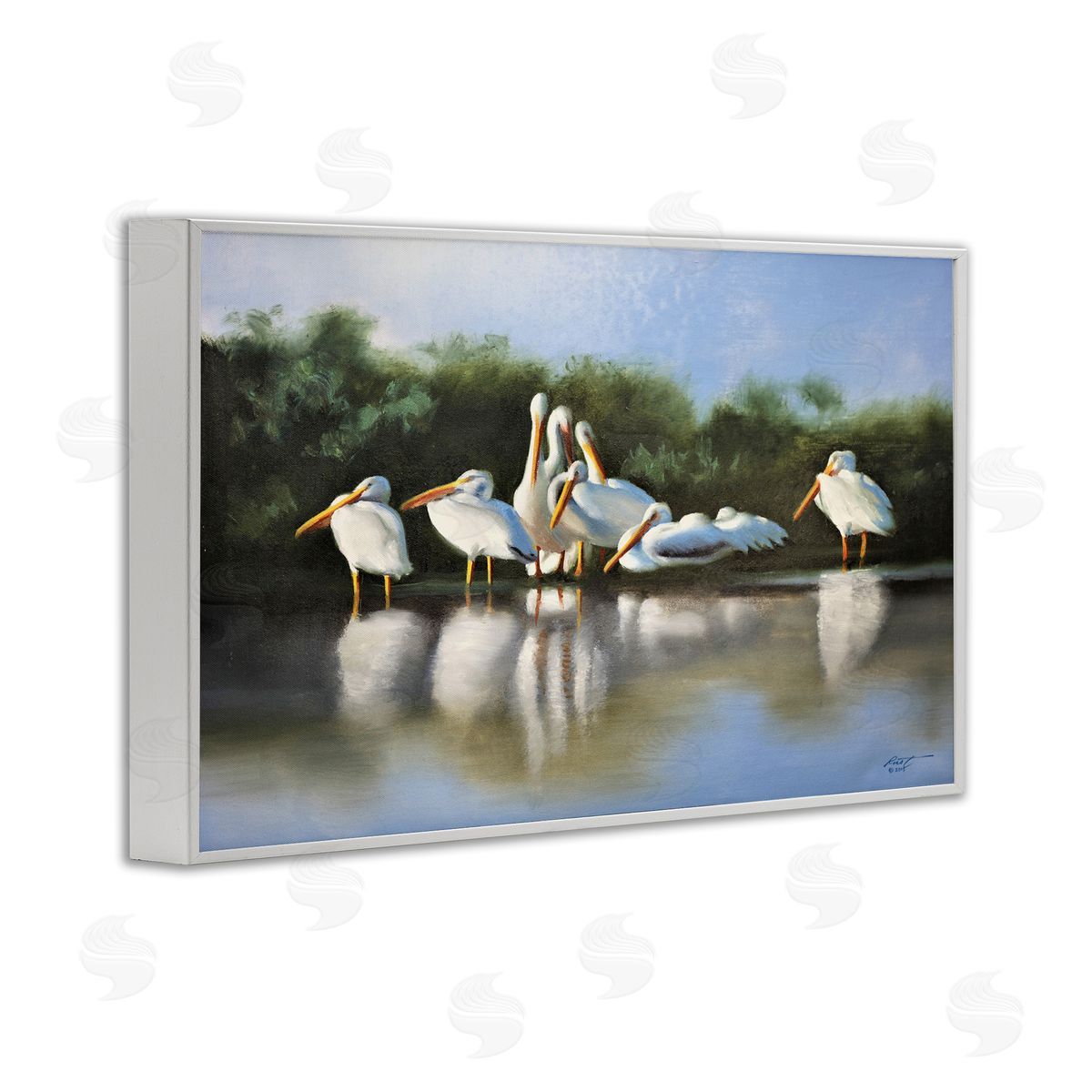 White Pelicans Flock White Frame Print Wall Art, Home Decor by D. Rust