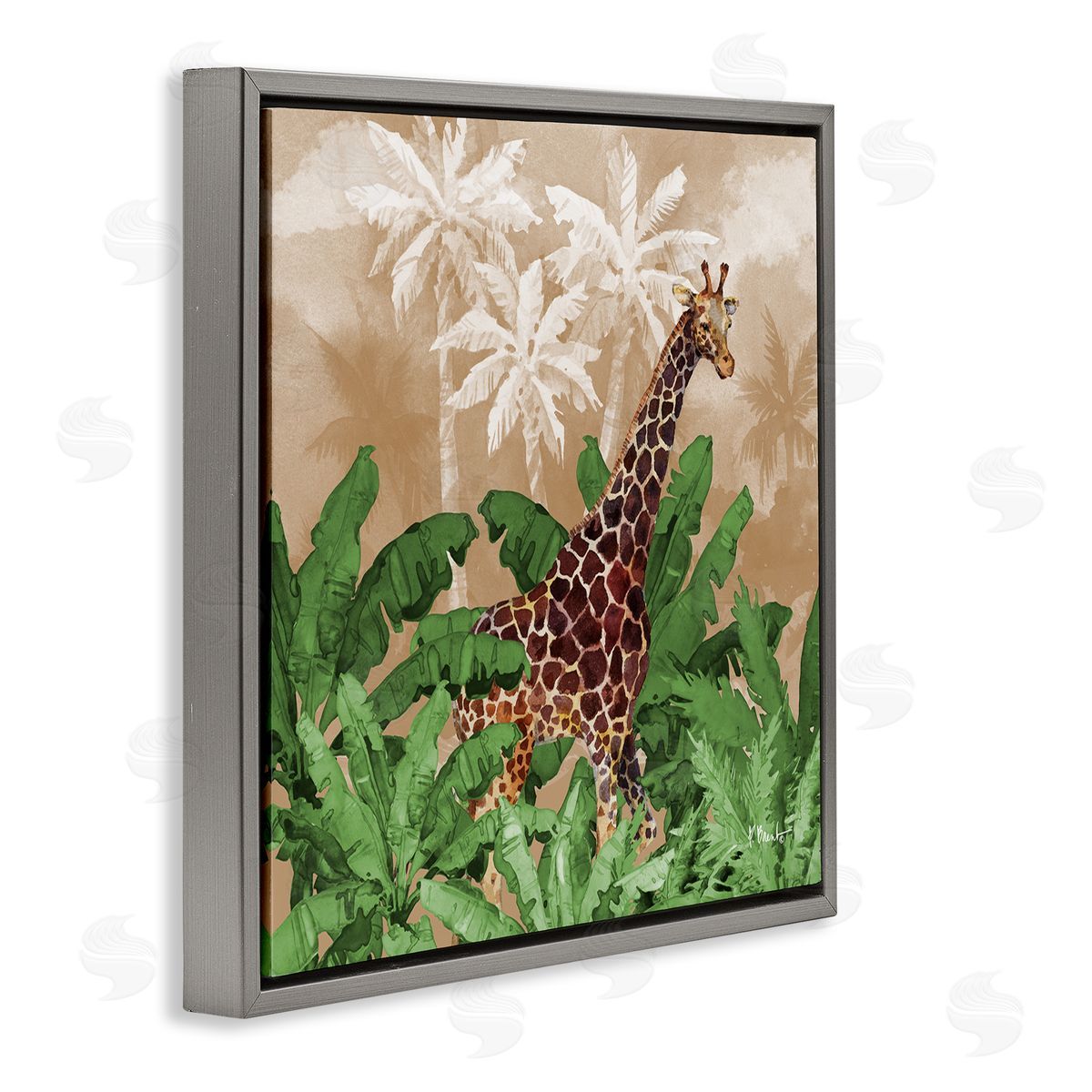 Jungle Life Giraffe Grey Floating Frame Canvas Wall Art, Home Decor by Paul Brent