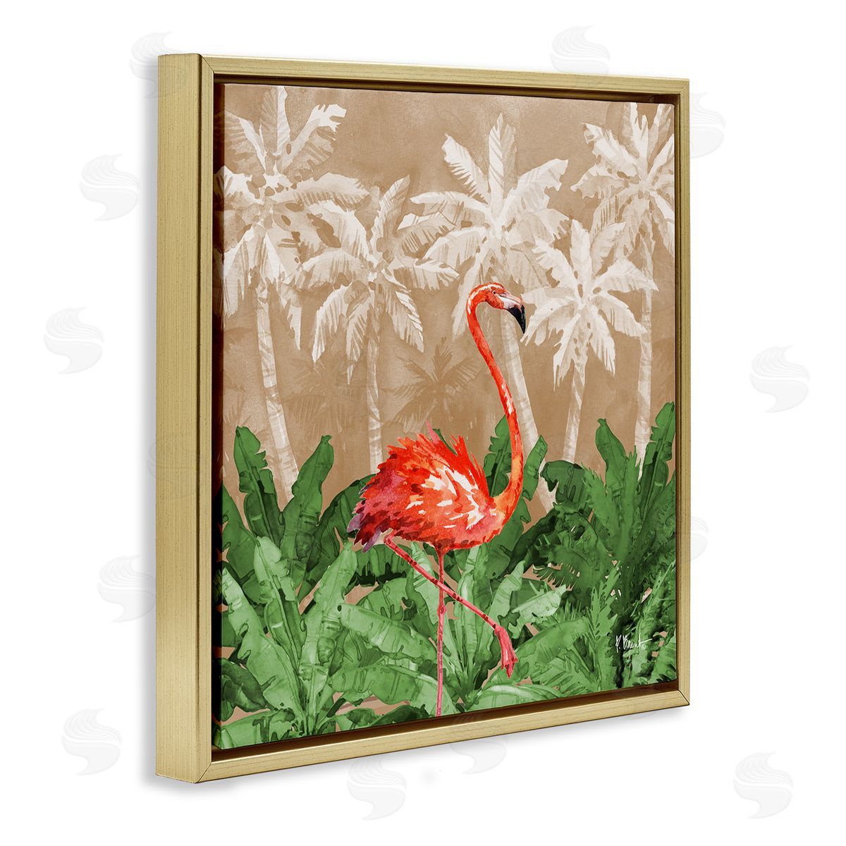 Jungle Life Flamingo Gold Floating Frame Canvas Wall Art, Home Decor by Paul Brent