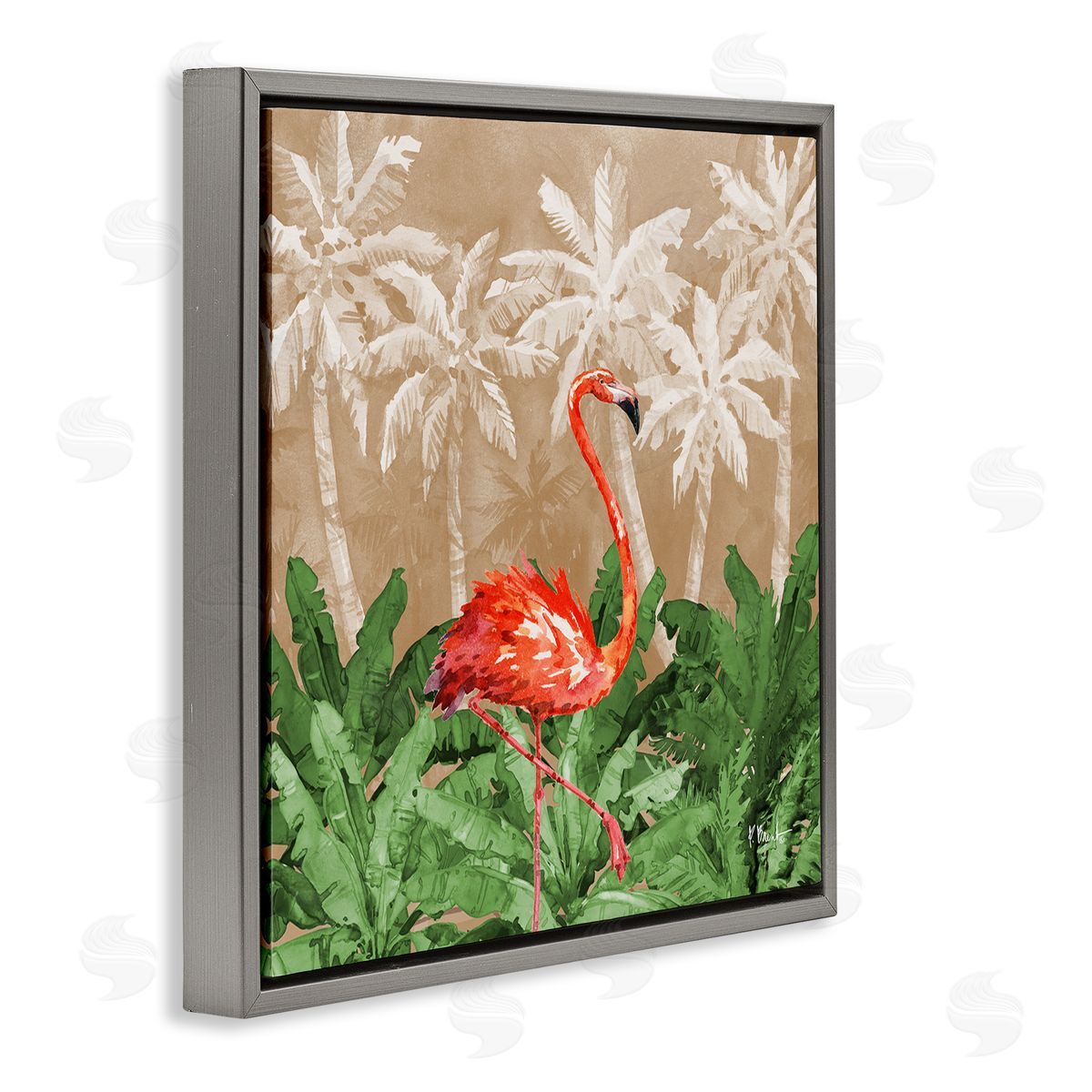 Jungle Life Flamingo Grey Floating Frame Canvas Wall Art, Home Decor by Paul Brent