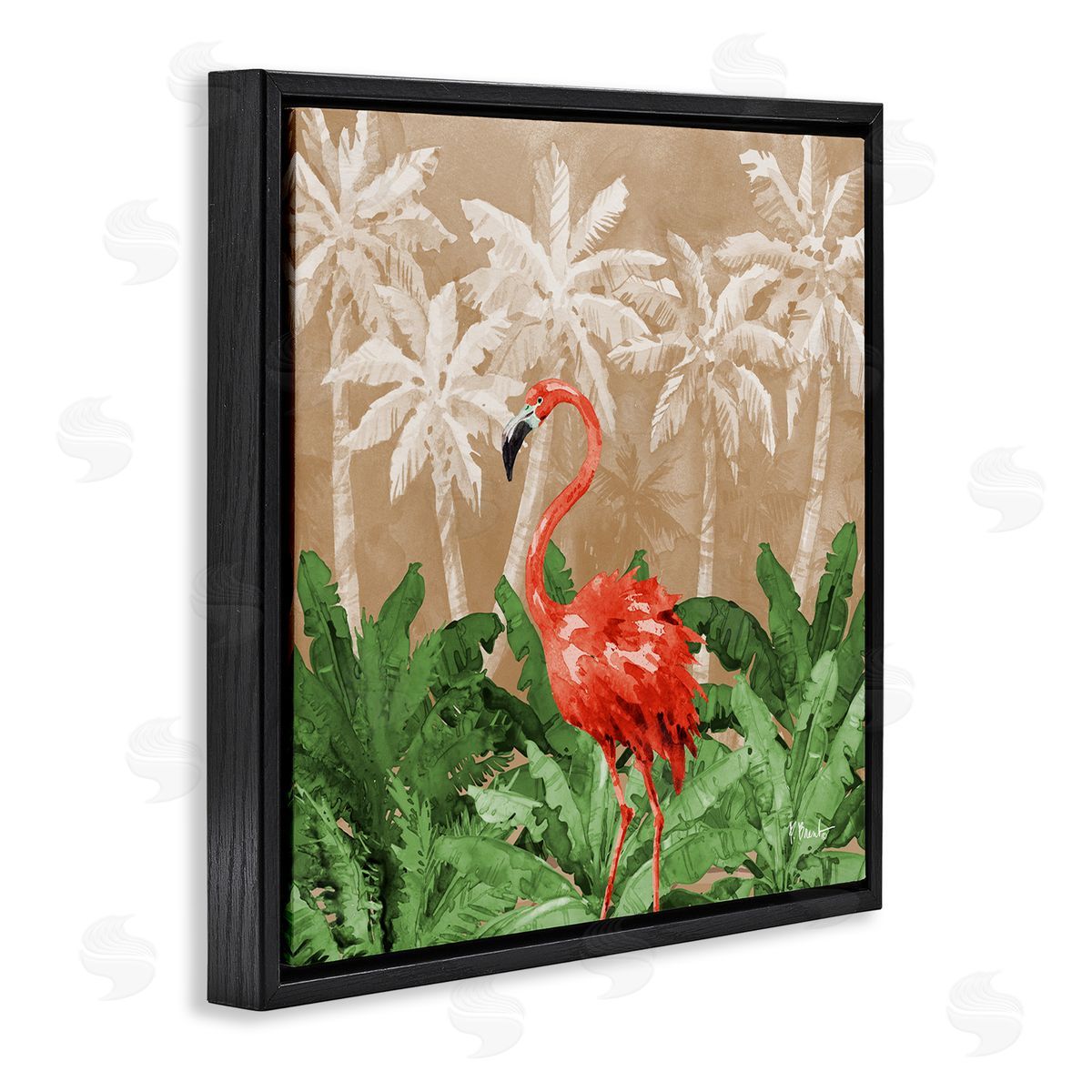 Flamingo Jungle Scenery Black Floating Frame Canvas Wall Art, Home Decor by Paul Brent