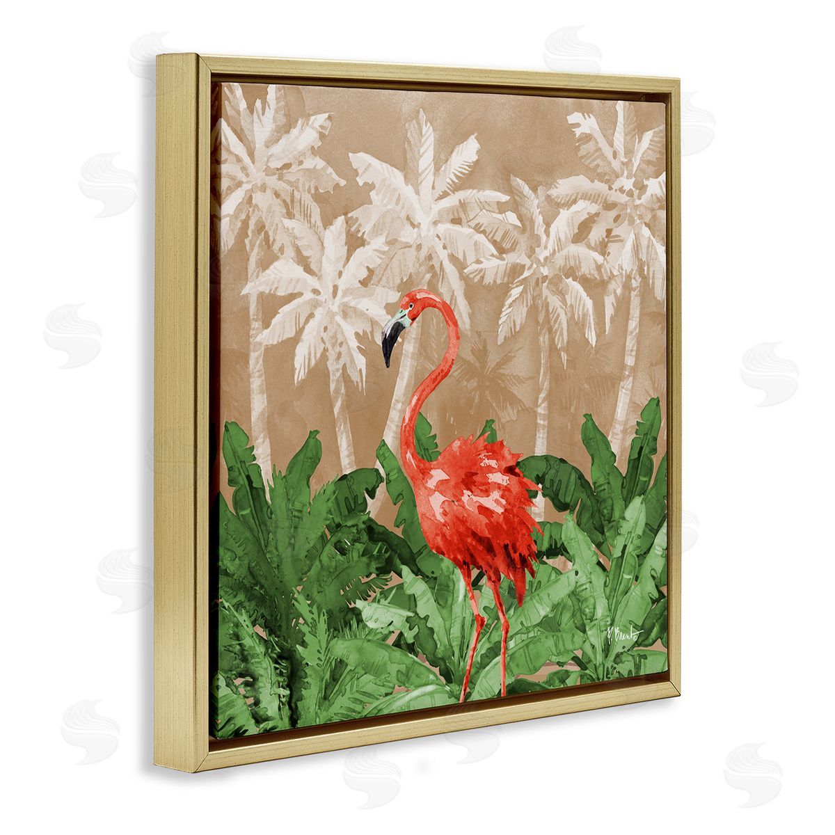 Flamingo Jungle Scenery Gold Floating Frame Canvas Wall Art, Home Decor by Paul Brent