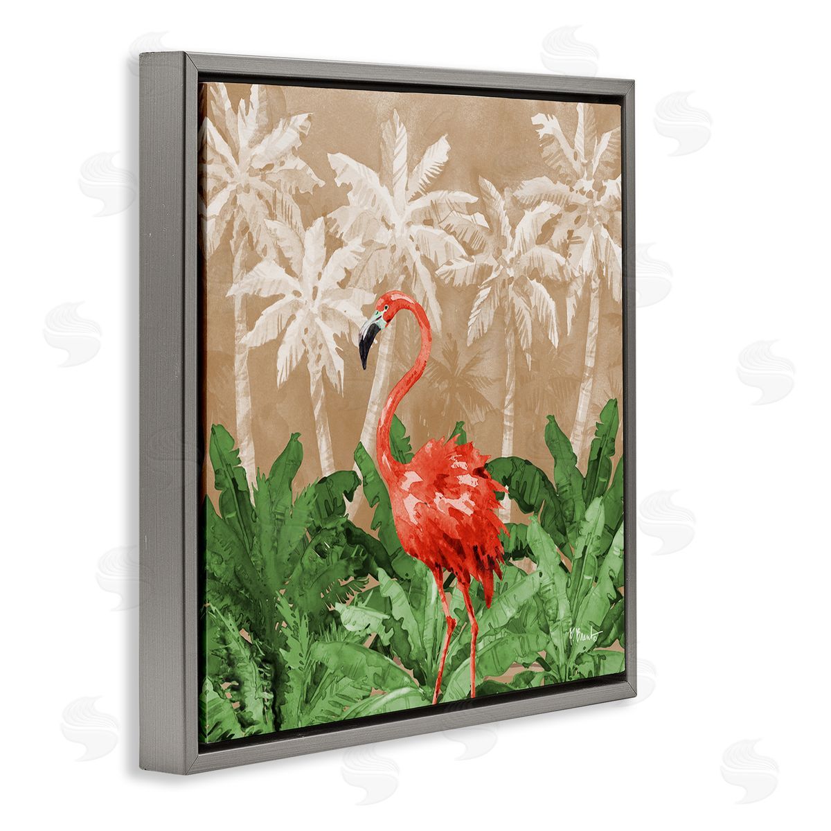 Flamingo Jungle Scenery Grey Floating Frame Canvas Wall Art, Home Decor by Paul Brent
