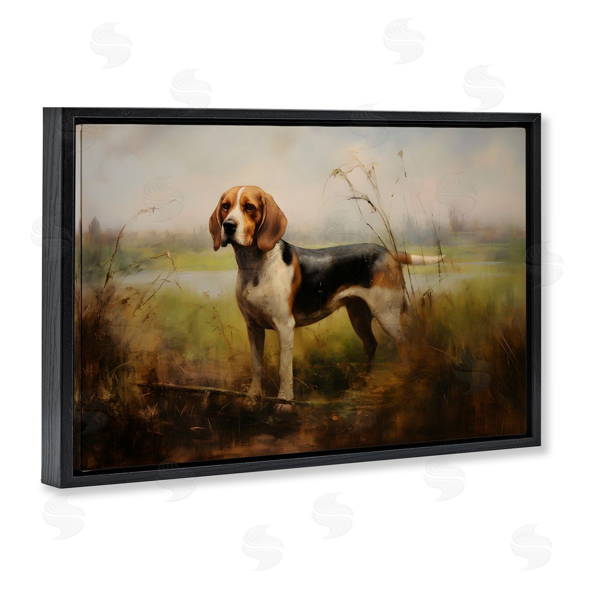 Beagle Dog Rural Field Black Floating Frame Canvas Wall Art, Home Decor by Petal Prints Design