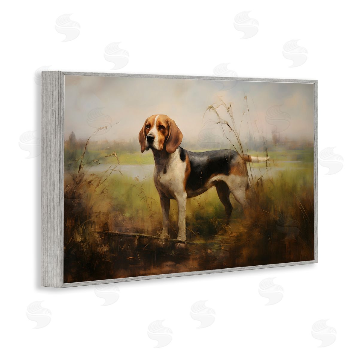 Beagle Dog Rural Field Grey Frame Print Wall Art, Home Decor by Petal Prints Design