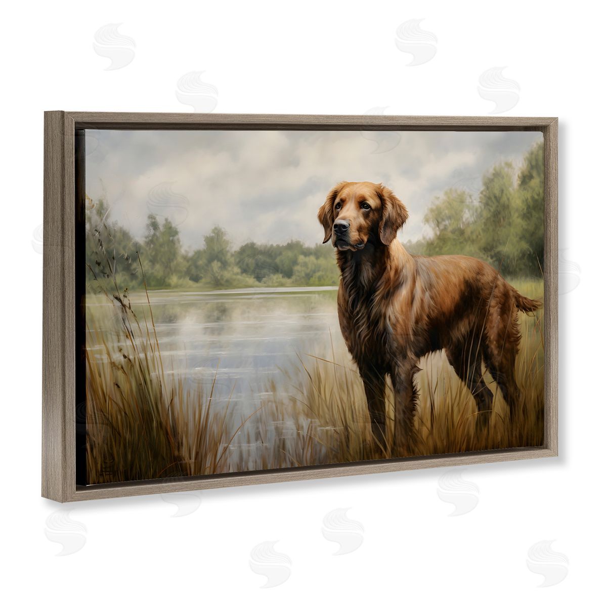 Retriever Dog and Pond Brown Floating Frame Canvas Wall Art, Home Decor by Petal Prints Design