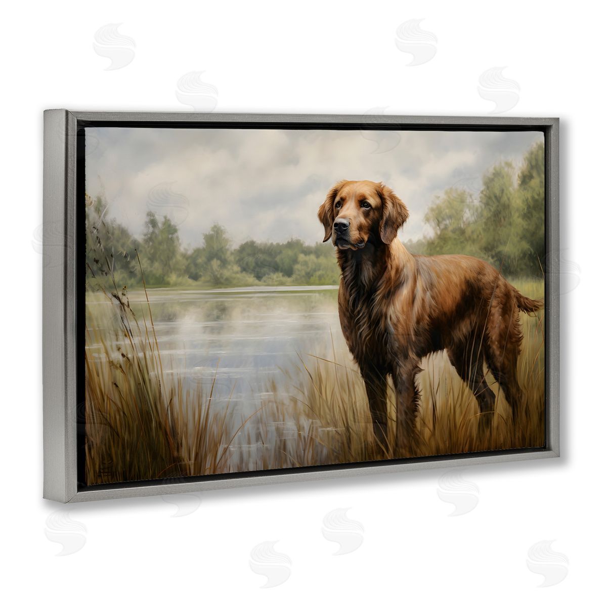 Retriever Dog and Pond Grey Floating Frame Canvas Wall Art, Home Decor by Petal Prints Design
