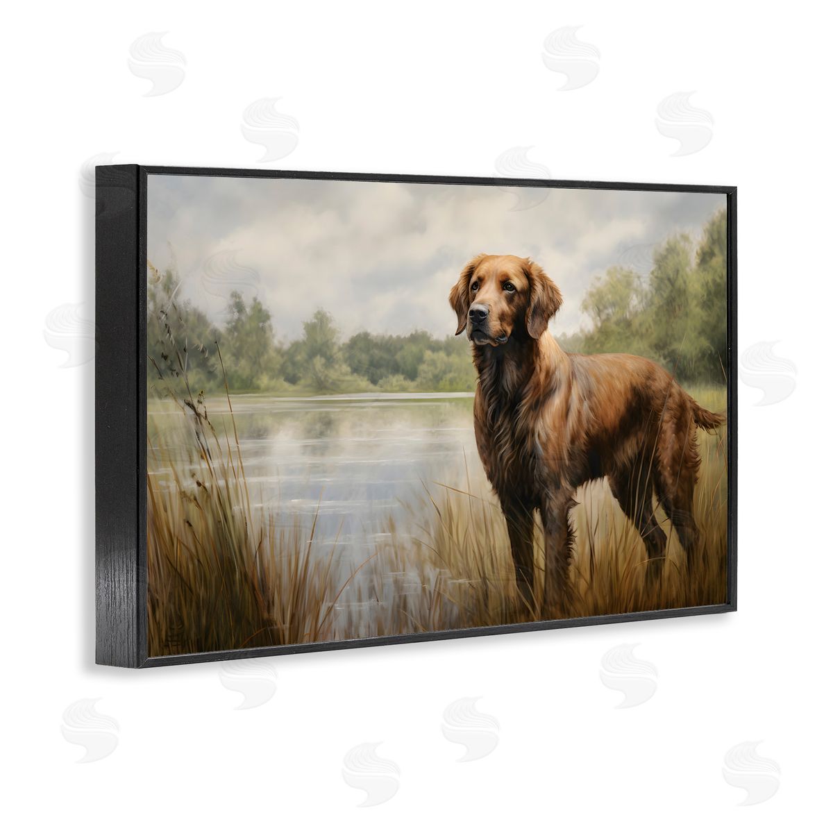 Retriever Dog and Pond Black Frame Print Wall Art, Home Decor by Petal Prints Design