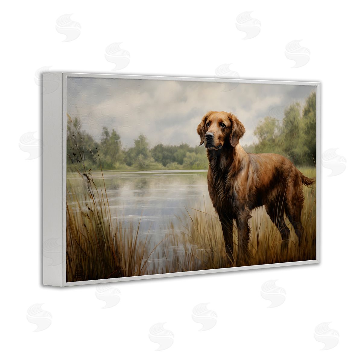 Retriever Dog and Pond White Frame Print Wall Art, Home Decor by Petal Prints Design