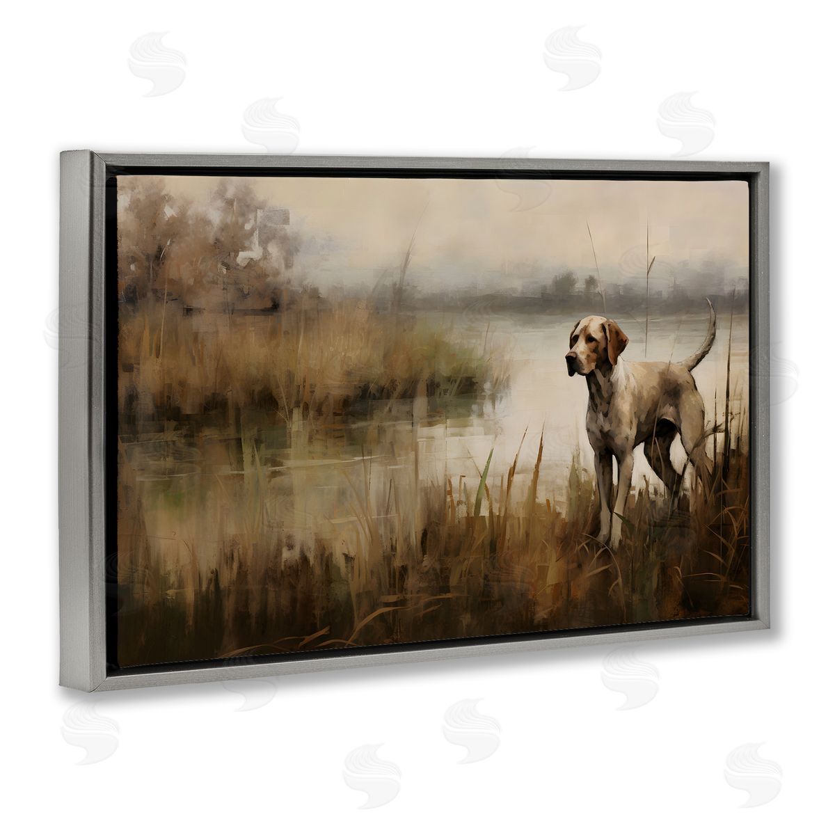 Hunting Dog in Nature Grey Floating Frame Canvas Wall Art, Home Decor by Petal Prints Design
