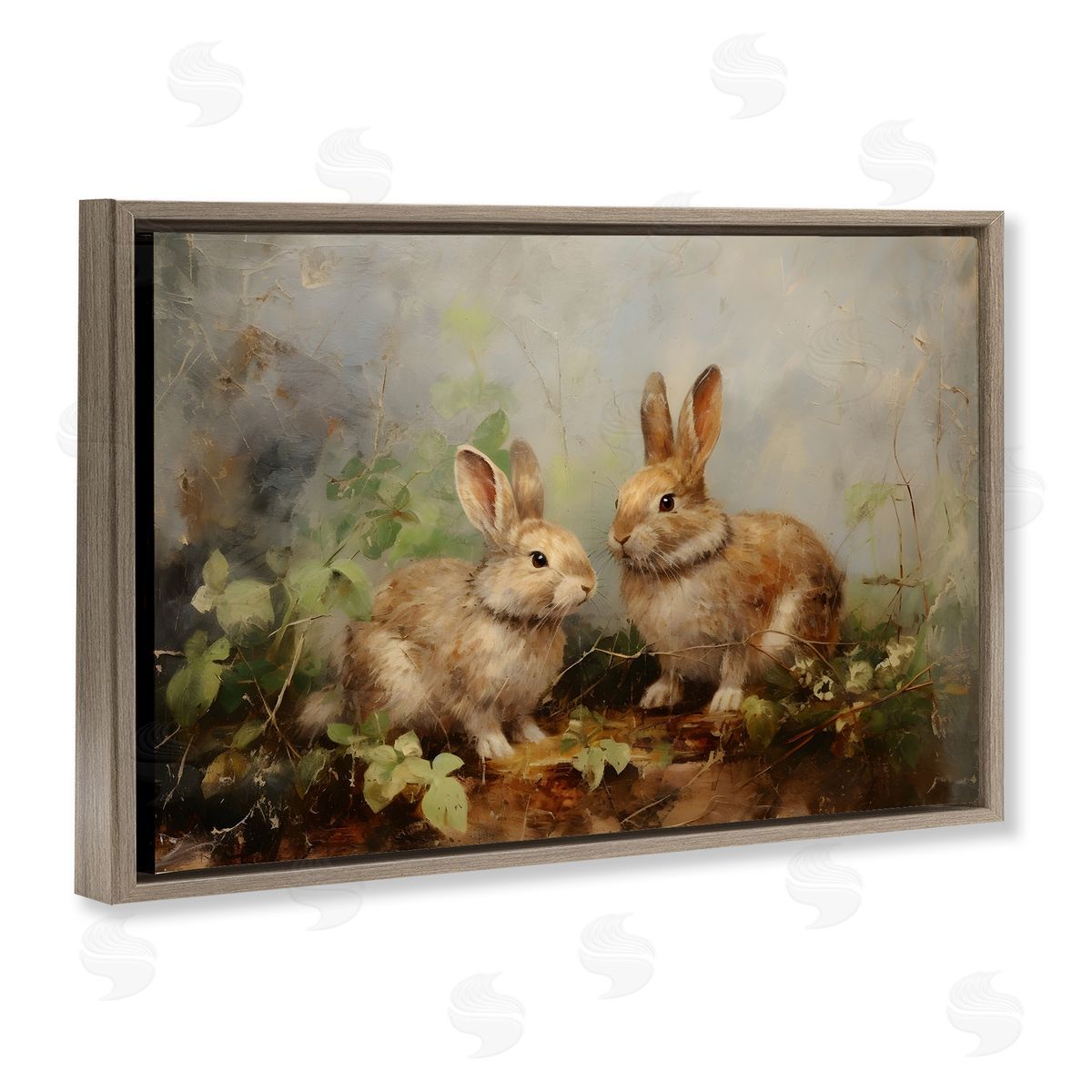 Wild Rabbits in Nature Brown Floating Frame Canvas Wall Art, Home Decor by Petal Prints Design