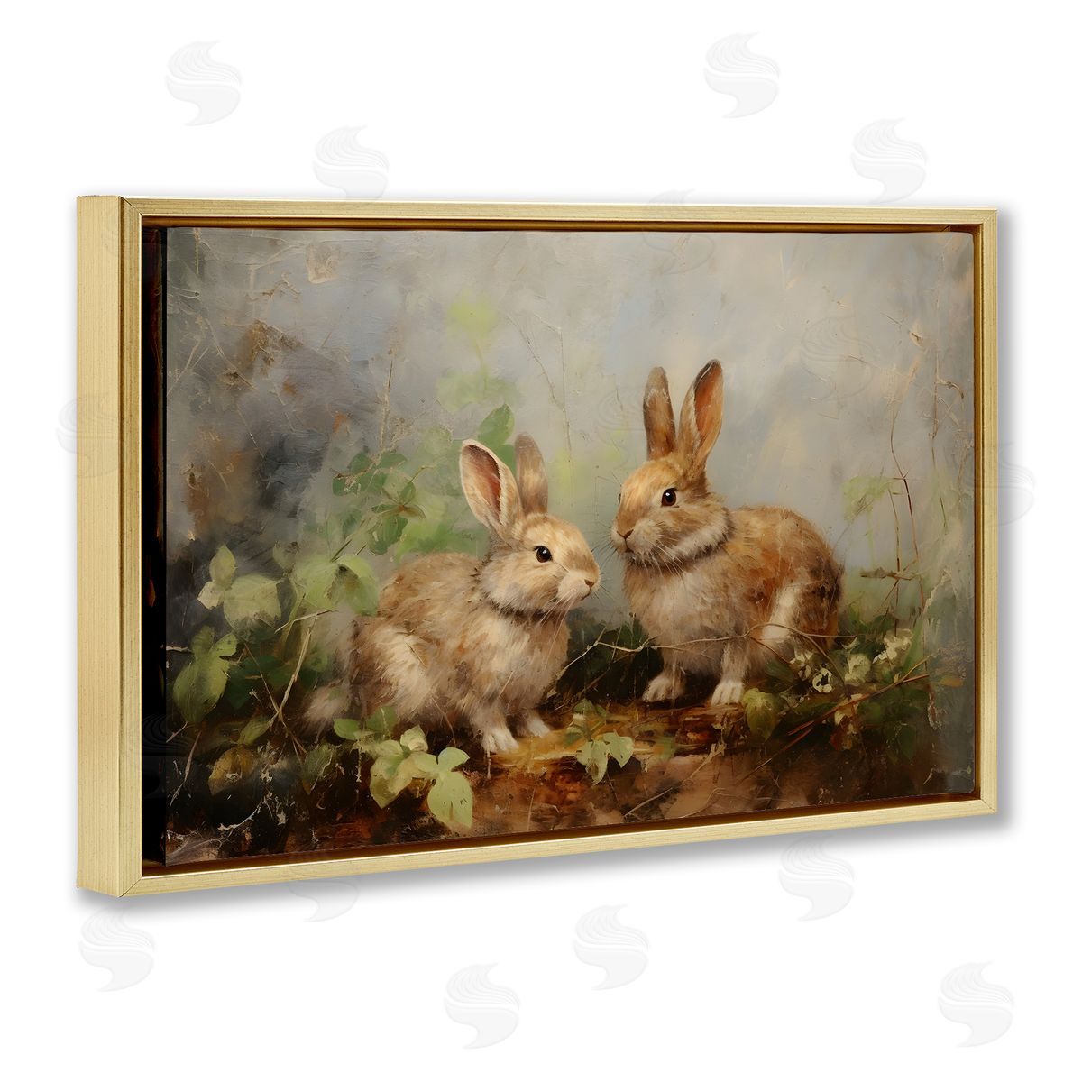 Wild Rabbits in Nature Gold Floating Frame Canvas Wall Art, Home Decor by Petal Prints Design