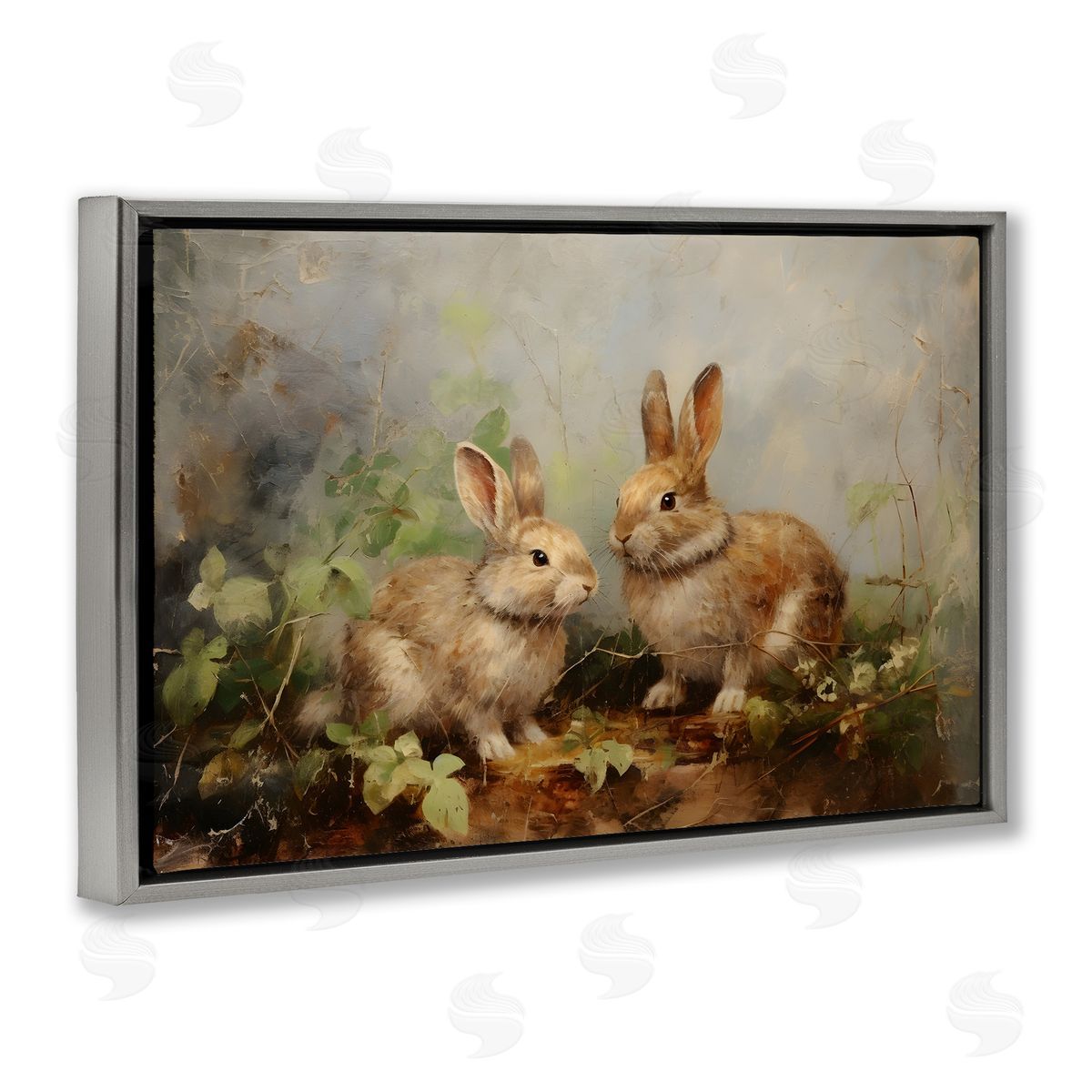 Wild Rabbits in Nature Grey Floating Frame Canvas Wall Art, Home Decor by Petal Prints Design