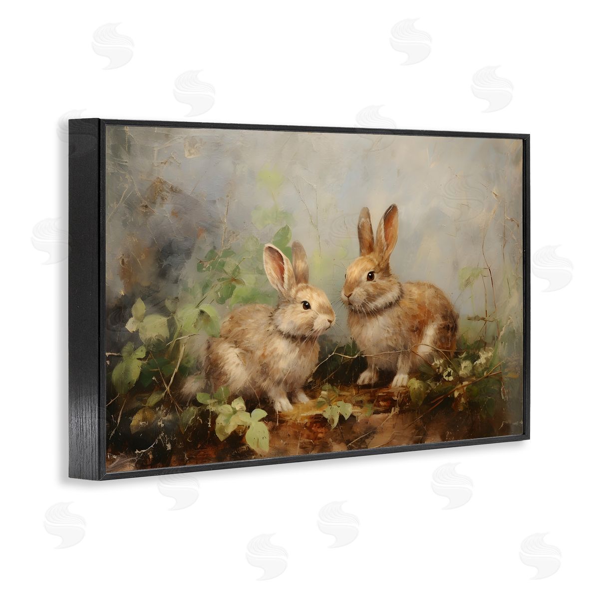 Wild Rabbits in Nature Black Frame Print Wall Art, Home Decor by Petal Prints Design