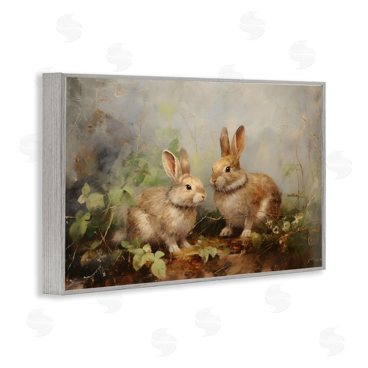 Wild Rabbits in Nature Grey Frame Print Wall Art, Home Decor by Petal Prints Design