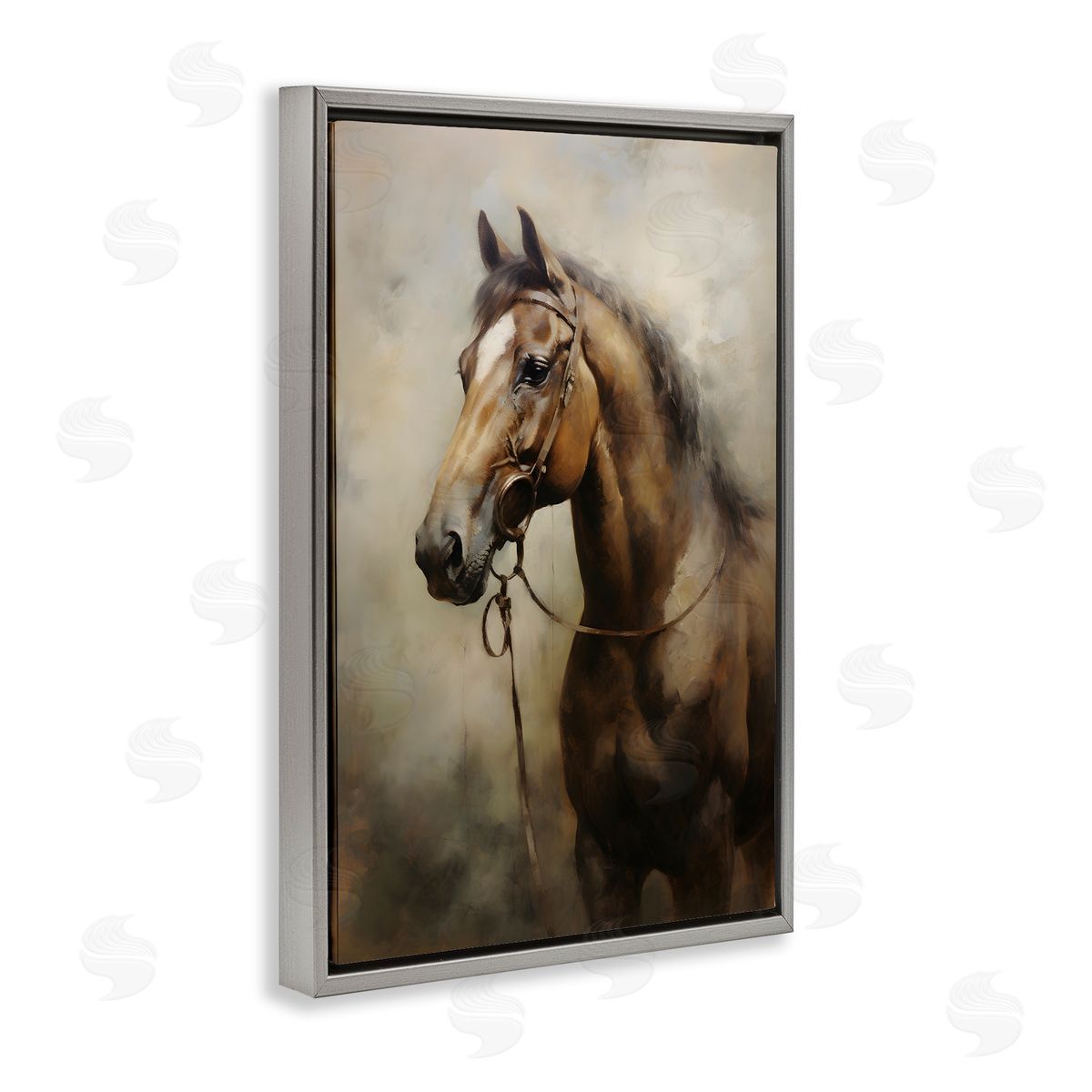 Brown Horse Portrait Grey Floating Frame Canvas Wall Art, Home Decor by Petal Prints Design