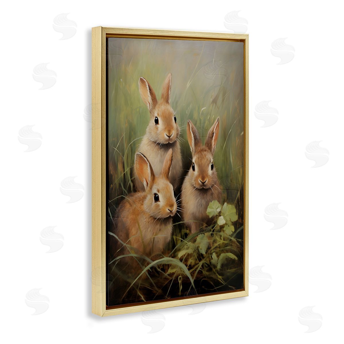 Baby Bunny Trio Gold Floating Frame Canvas Wall Art, Home Decor by Petal Prints Design