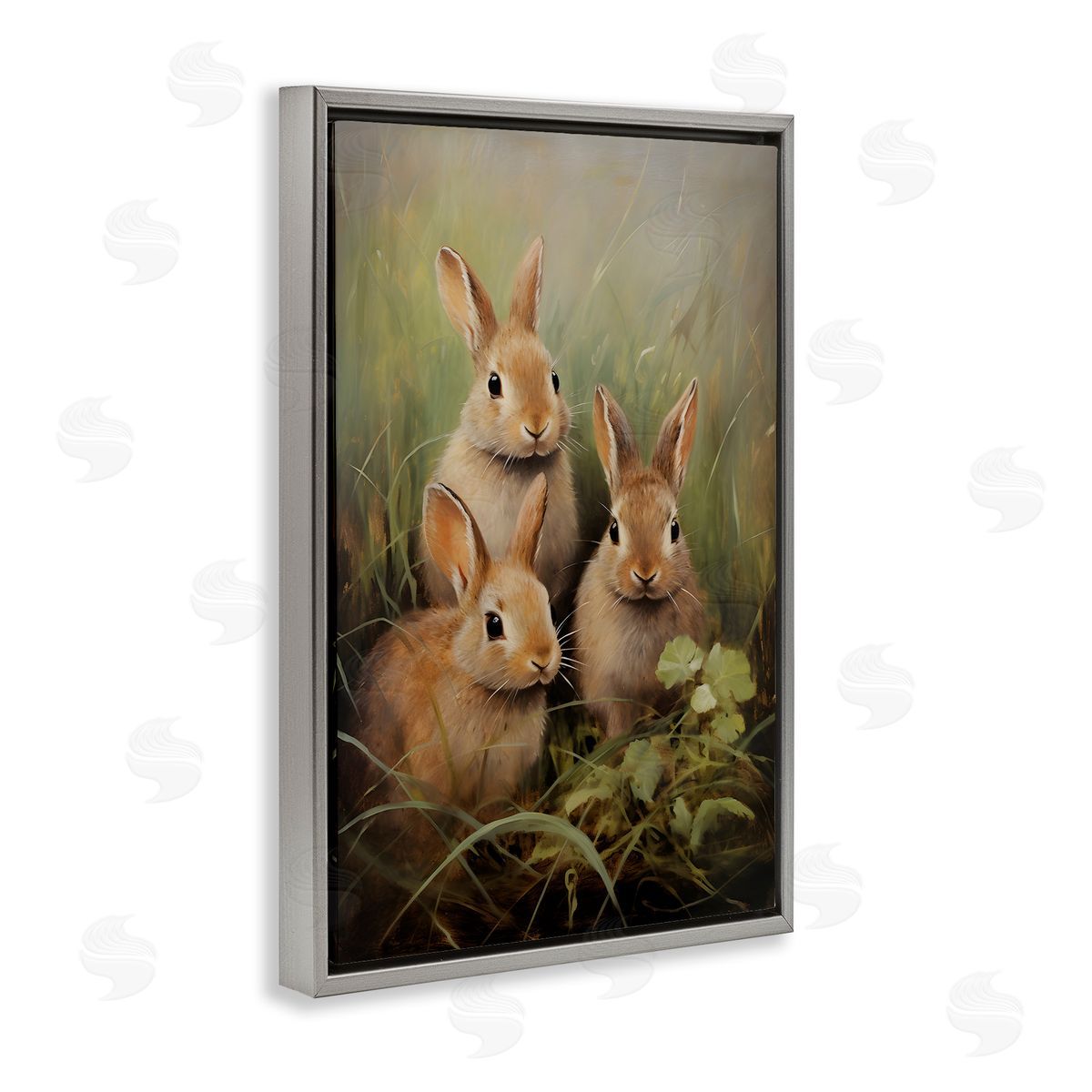 Baby Bunny Trio Grey Floating Frame Canvas Wall Art, Home Decor by Petal Prints Design