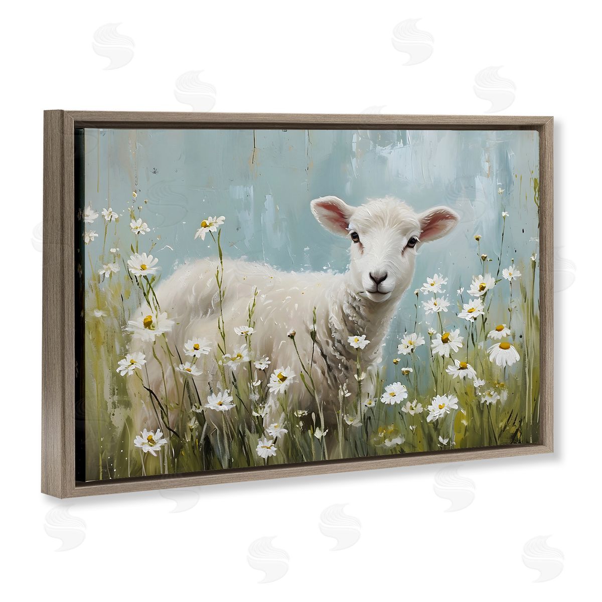 Lamb Among Daisies Brown Floating Frame Canvas Wall Art, Home Decor by Petal Prints Design